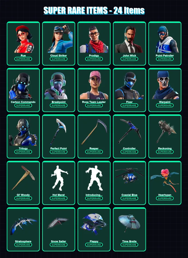 [PC/XBOX] | Rue | Cloud Striker | Prodigy | John Wick | Point Patroller | 223 skin | 206 pickaxe | 168 emote | 183 glider | Lv2437