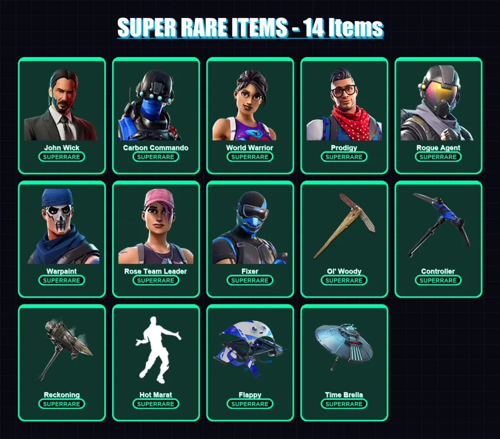 [PC/XBOX/PSN] | John Wick | Carbon Commando | World Warrior | Prodigy | Rogue Agent | 346 skin | 330 pickaxe | 251 emote | 253 glider | Lv3148