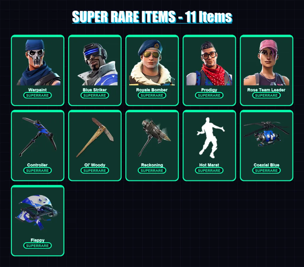 [PC] | Warpaint | Blue Striker | Royale Bomber | Prodigy | Rose Team Leader | 117 skin | 110 pickaxe | 107 emote | 115 glider | Lv1391