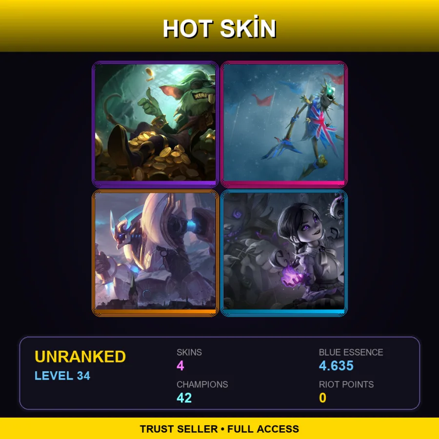 VN | Lv34 | Unranked | 4 Skin | 42 Champ — LoL account