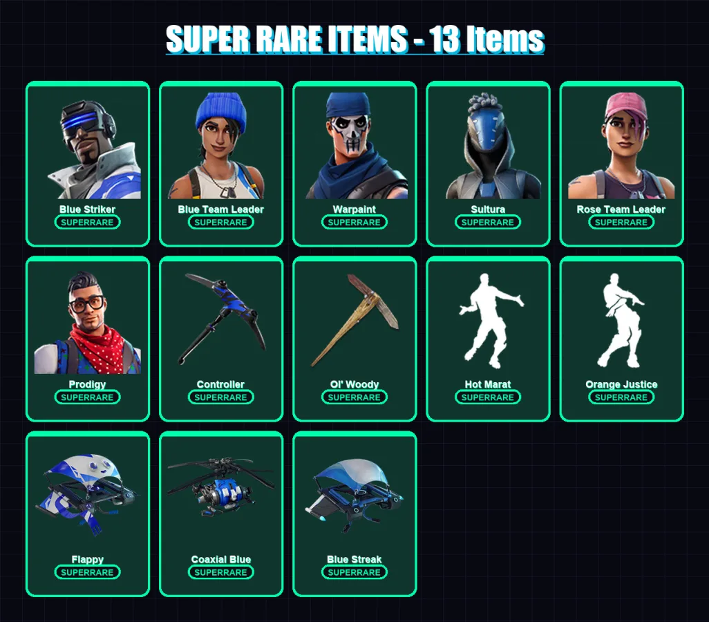 [PS4/PS5/XBOX/PC] | Blue Striker | Blue Team Leader | Warpaint | Sultura | Rose Team Leader | 50 skin | 74 pickaxe | 62 emote | 73 glider | Lv1047