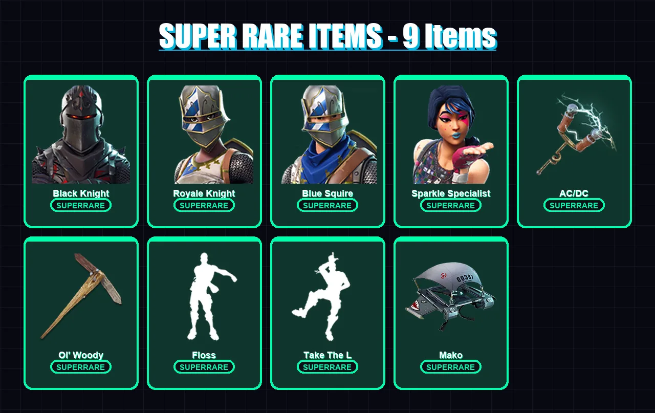 [PC/XBOX/PSN] | Black Knight | Royale Knight | Blue Squire | Sparkle Specialist | Wukong | 11 skin | 10 pickaxe | 21 emote | 13 glider | Lv233