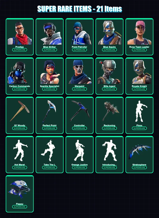 [PS4/PS5/XBOX/PC] | Prodigy | Blue Striker | Point Patroller | Blue Squire | Rose Team Leader | 40 skin | 33 pickaxe | 50 emote | 38 glider | Lv513