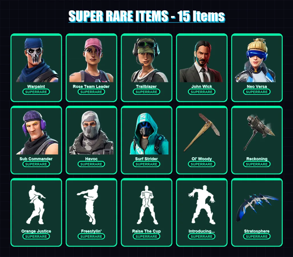 [PC] | Warpaint | Rose Team Leader | Trailblazer | John Wick | Neo Versa | 50 skin | 44 pickaxe | 67 emote | 49 glider | Lv733