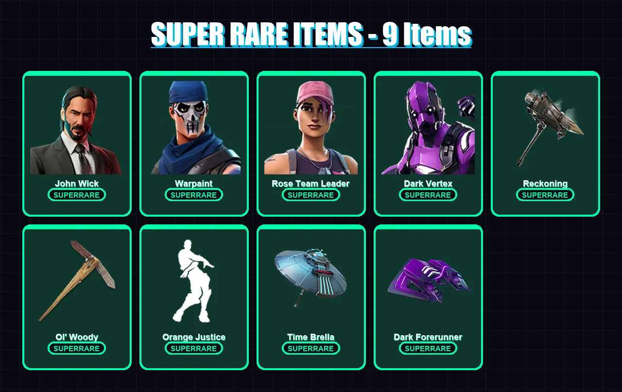 [PC/XBOX/PSN] | John Wick | Warpaint | Rose Team Leader | Dark Vertex | The Origin | 148 skin | 160 pickaxe | 105 emote | 138 glider | Lv1639