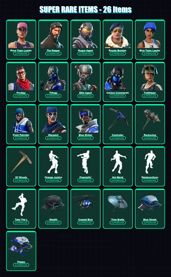 [PC] | Rose Team Leader | The Reaper | Rogue Agent | Royale Bomber | Blue Team Leader | 78 skin | 47 pickaxe | 63 emote | 60 glider | Lv801