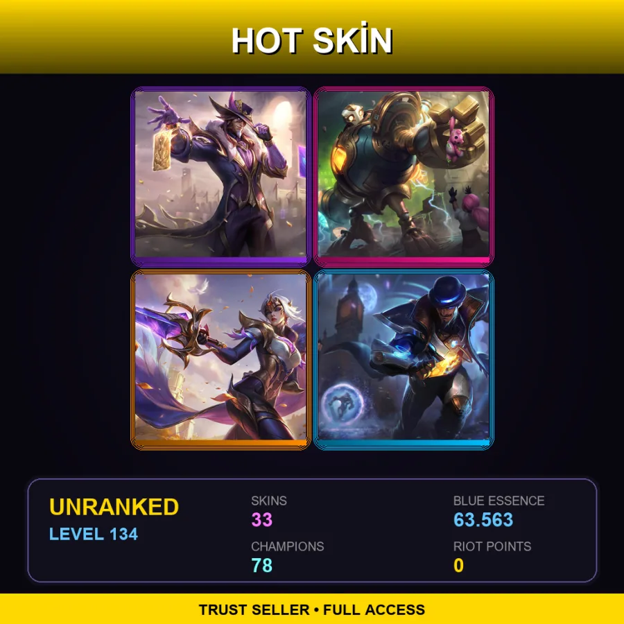 SG | Lv134 | Unranked | 33 Skin | 78 Champ — Pulsefire Twisted Fate