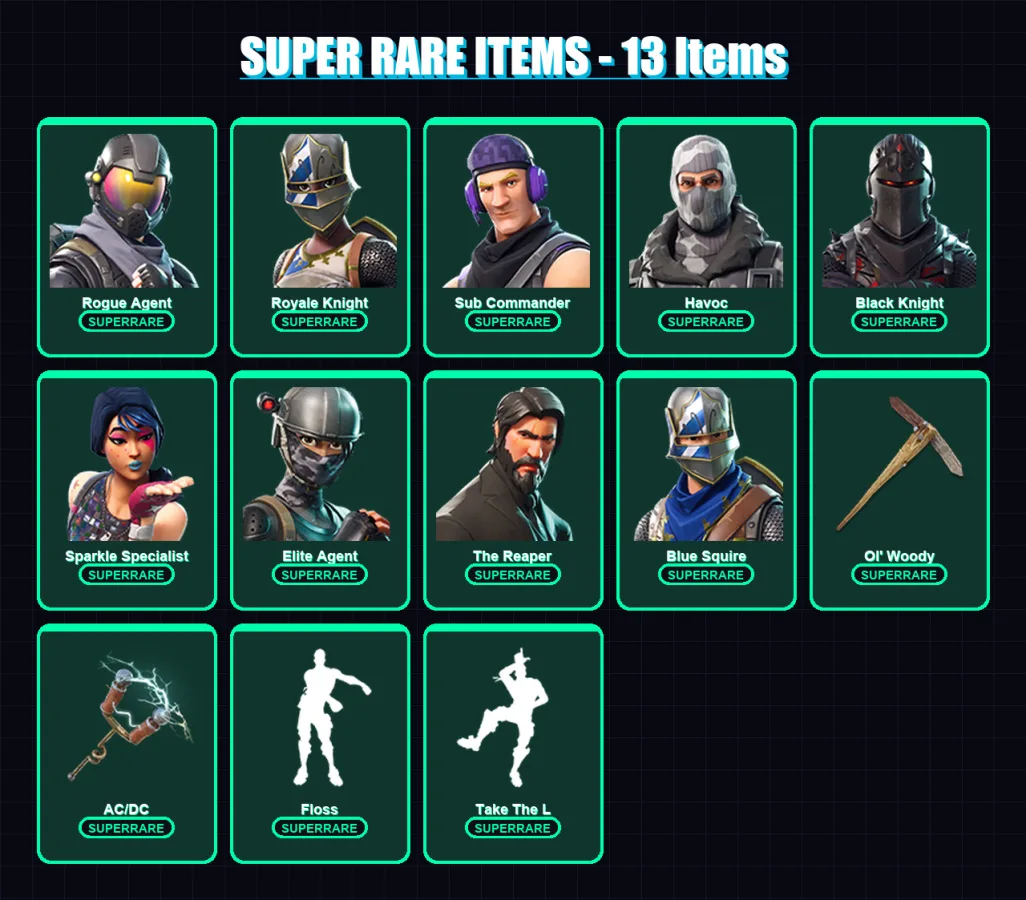 [PC/XBOX/PSN] | Rogue Agent | Royale Knight | Sub Commander | Havoc | Black Knight | 50 skin | 61 pickaxe | 46 emote | 36 glider | Lv728