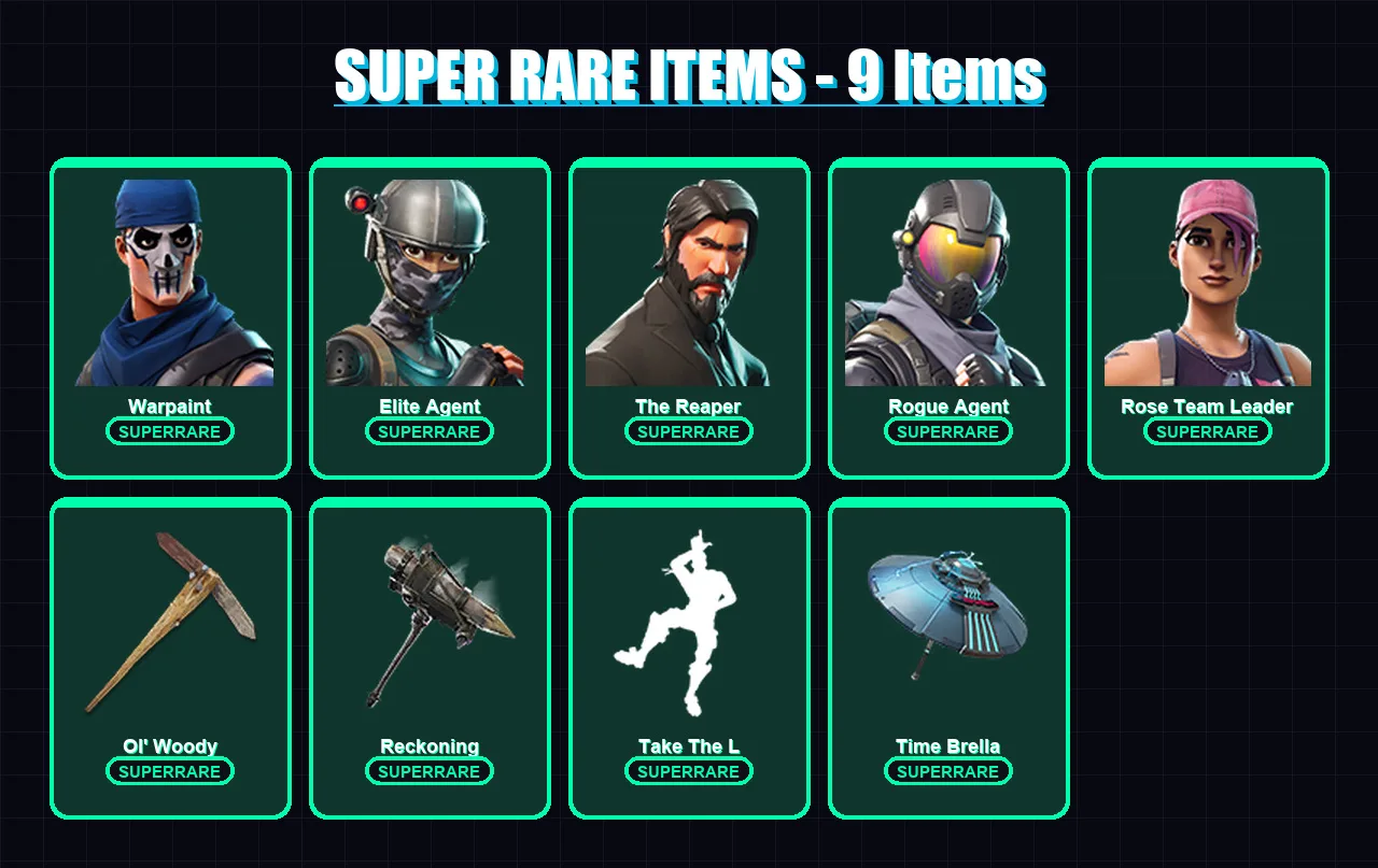 [PS4/PS5/XBOX/PC] | Warpaint | Elite Agent | The Reaper | Rogue Agent | Rose Team Leader | 119 skin | 103 pickaxe | 110 emote | 96 glider | Lv1100