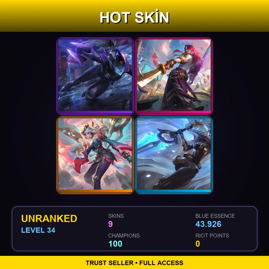 VN | PROJECT: Vayne | Battle Academia Yone | Immortal Journey Kayle | Dawnbringer Riven | 9 Skin | 100 Champ | Lv34