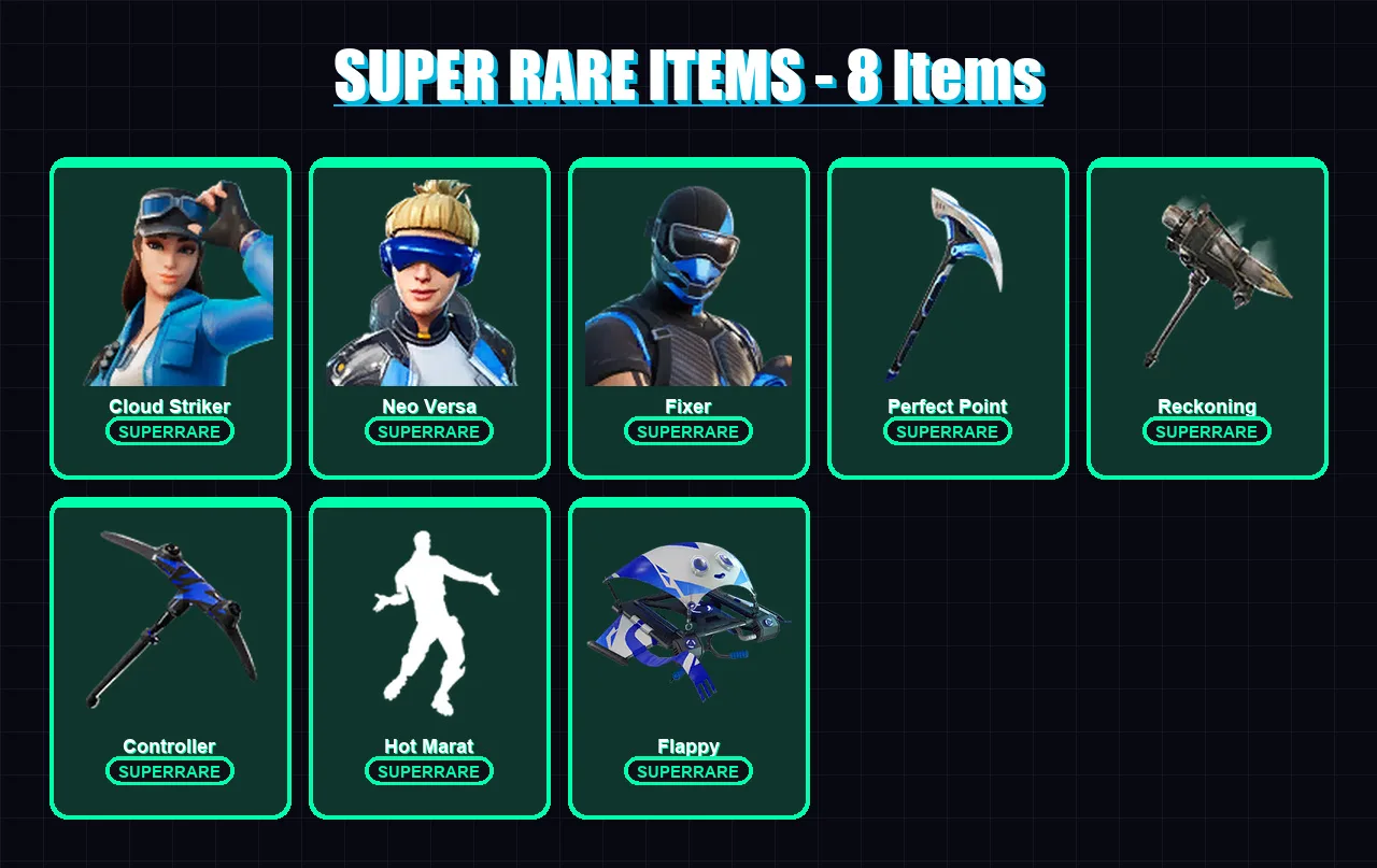 [PS4/PS5/XBOX/PC] | Cloud Striker | Neo Versa | Fixer | Lynx | Calamity | 115 skin | 125 pickaxe | 94 emote | 117 glider | Lv1671