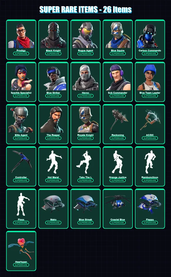 [PS4/PS5/XBOX/PC] | Prodigy | Black Knight | Rogue Agent | Blue Squire | Carbon Commando | 193 skin | 193 pickaxe | 169 emote | 179 glider | Lv3667