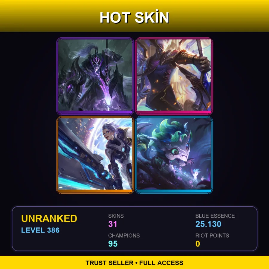 LAN | Lv386 | Unranked | 31 Skin | 95 Champ — LoL account