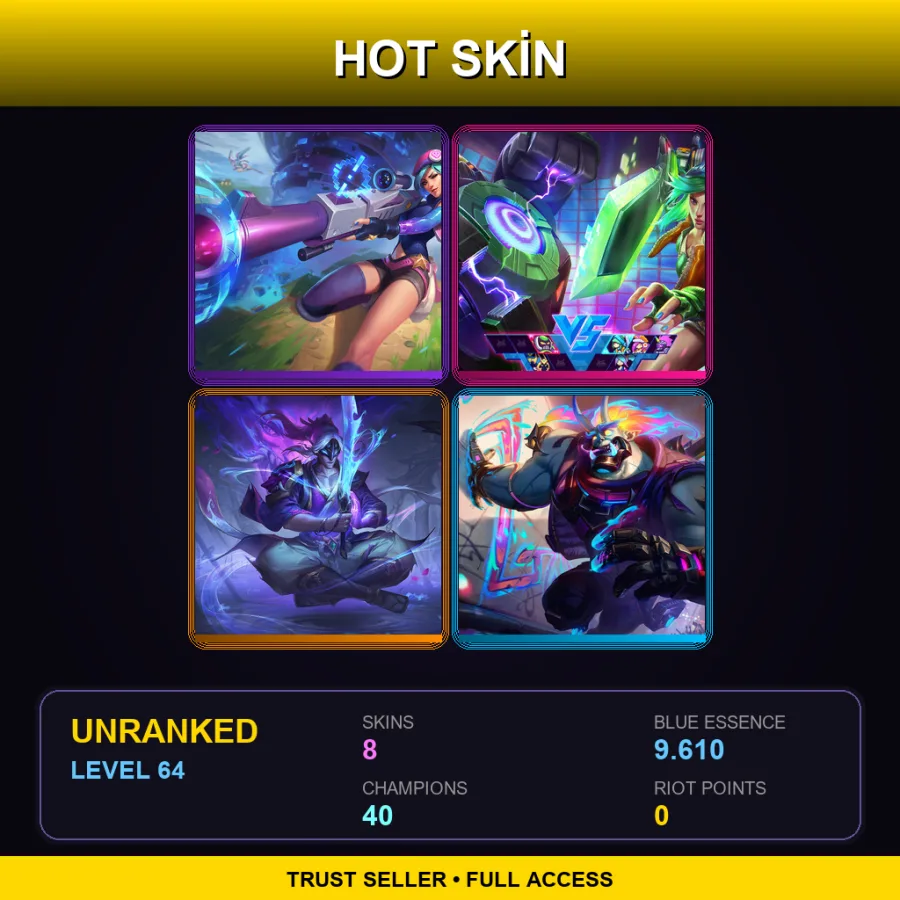 ME | Arcade Caitlyn | Arcade Riven | Spirit Blossom Master Yi | Street Demons Dr. Mundo | 8 Skin | 40 Champ | Lv64
