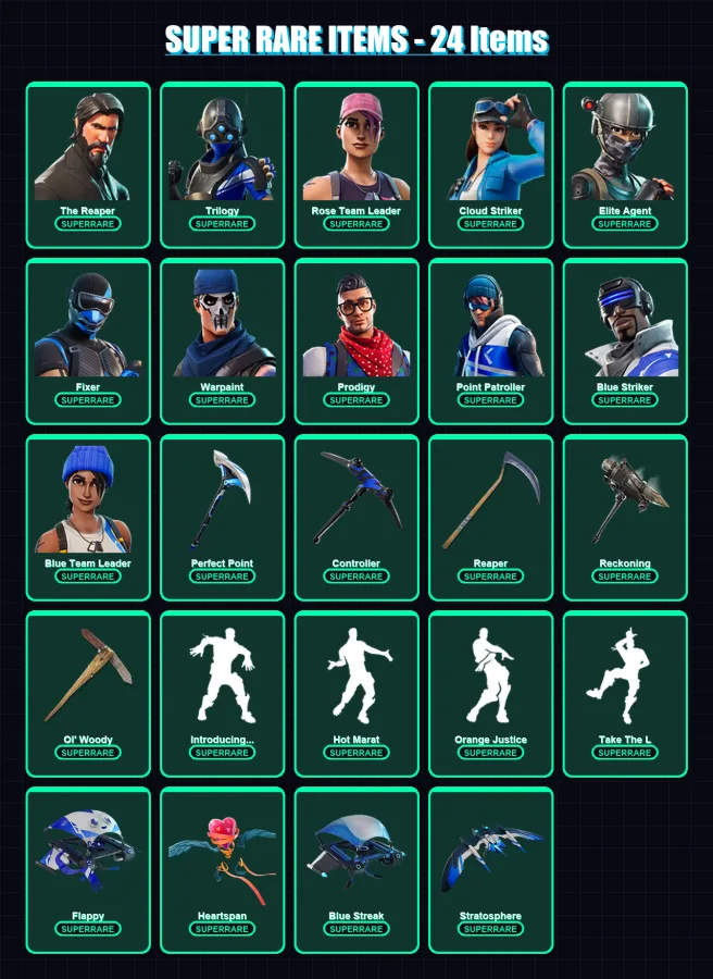 [PS4/PS5/XBOX/PC] | The Reaper | Trilogy | Rose Team Leader | Cloud Striker | Elite Agent | 110 skin | 106 pickaxe | 94 emote | 112 glider | Lv1485