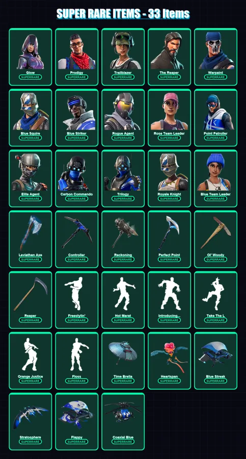 [PC/XBOX] | Glow | Prodigy | Trailblazer | The Reaper | Warpaint | 211 skin | 170 pickaxe | 145 emote | 165 glider | Lv2653