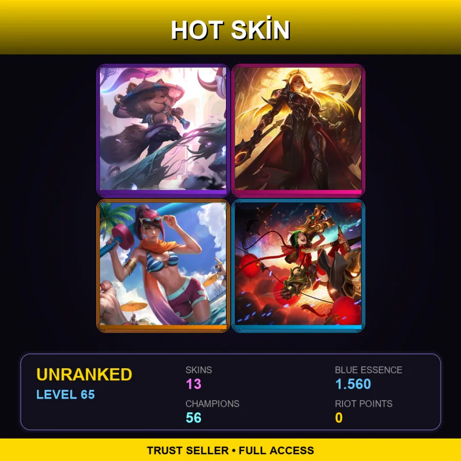 EUW | Lv65 | Unranked | 13 Skin | 56 Champ — LoL account
