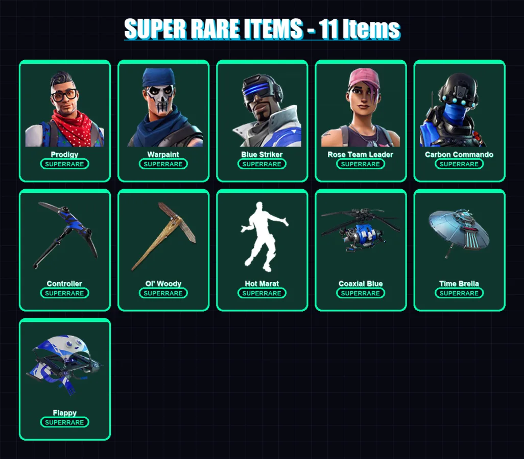 [PC/XBOX] | Prodigy | Warpaint | Blue Striker | Rose Team Leader | Carbon Commando | 20 skin | 38 pickaxe | 30 emote | 38 glider | Lv458