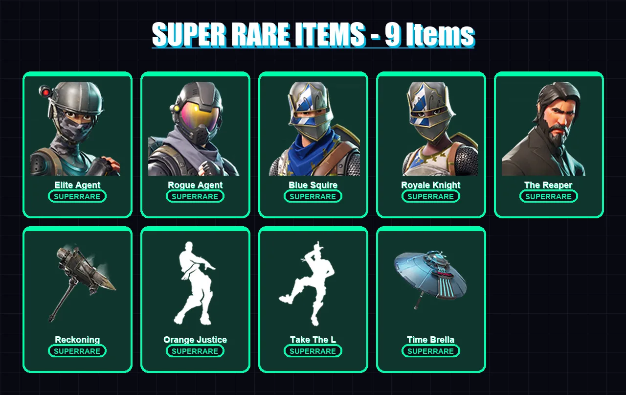 [PS4/PS5/XBOX/PC] | Elite Agent | Rogue Agent | Blue Squire | Royale Knight | The Reaper | 36 skin | 25 pickaxe | 42 emote | 33 glider | Lv439