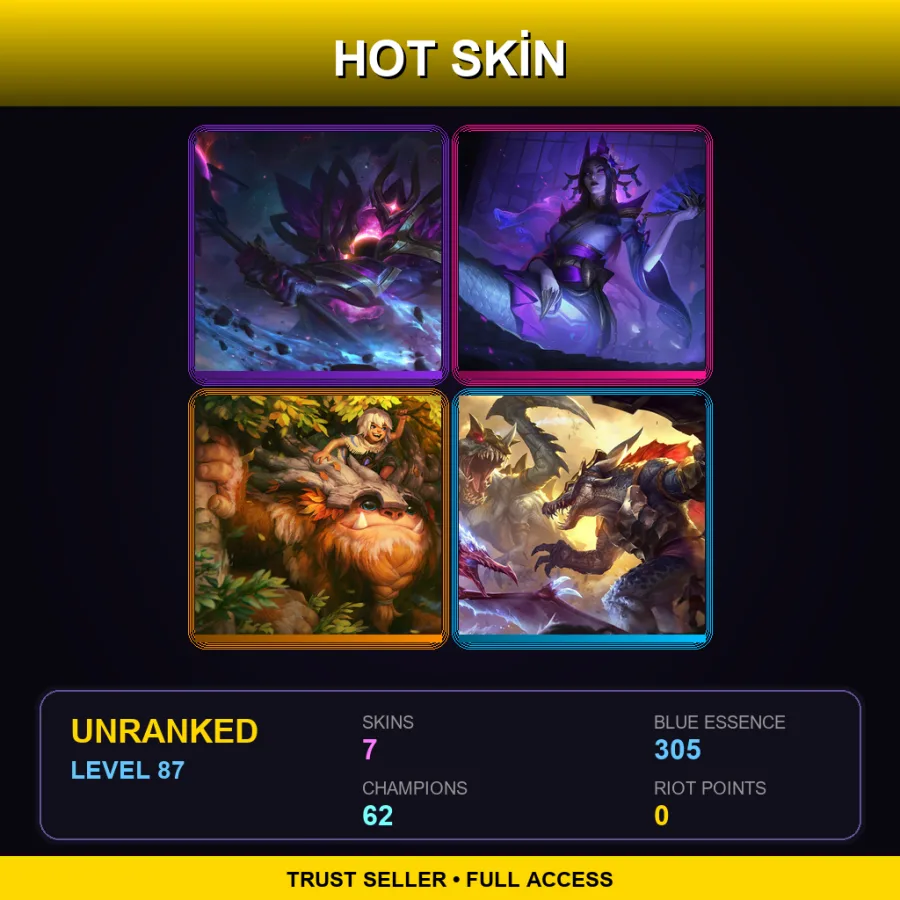 LAS | Dark Star Mordekaiser | Spirit Blossom Cassiopeia | Sasquatch Nunu & Willump | Prehistoric Renekton | 7 Skin | 62 Champ | Lv87