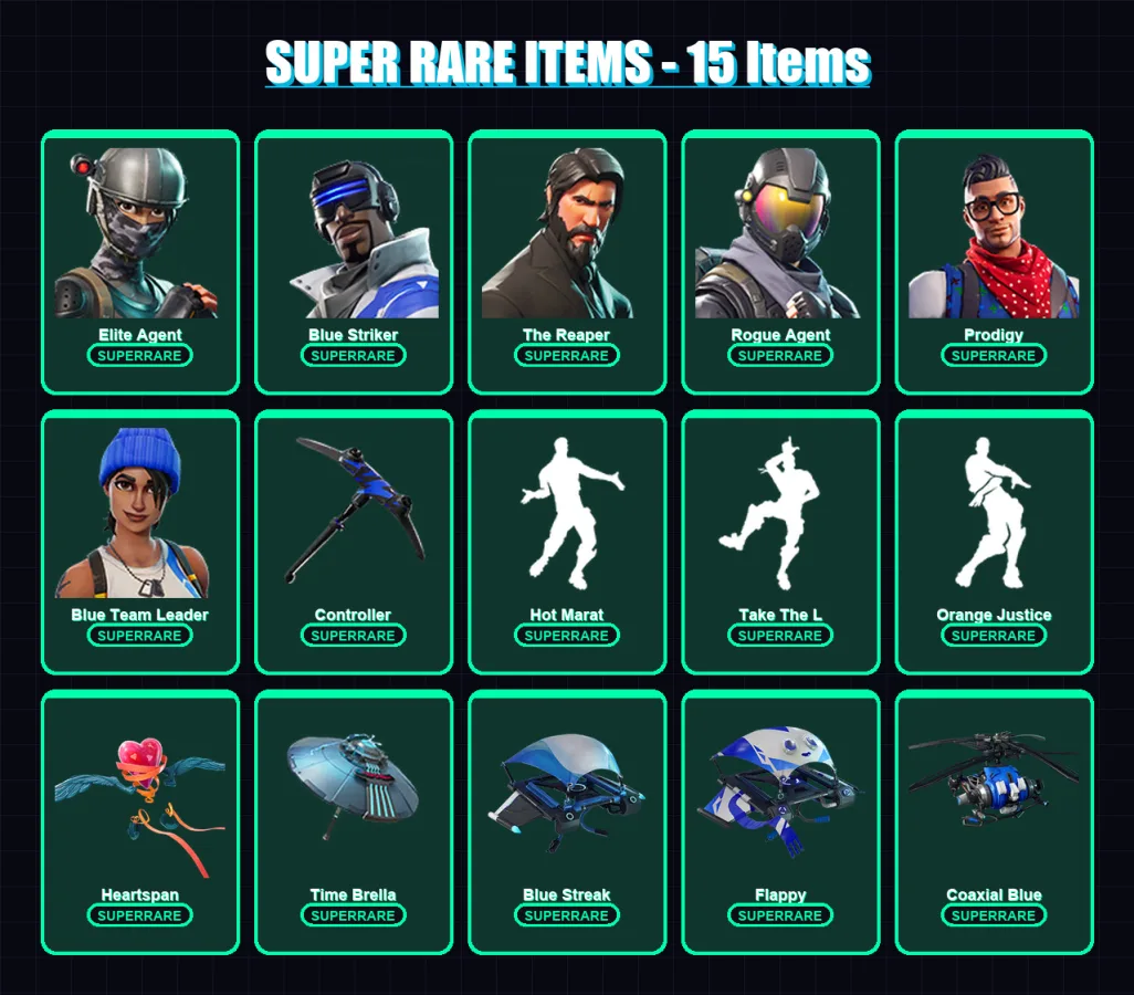 [PS4/PS5/XBOX/PC] | Elite Agent | Blue Striker | The Reaper | Rogue Agent | Prodigy | 38 skin | 56 pickaxe | 62 emote | 67 glider | Lv991