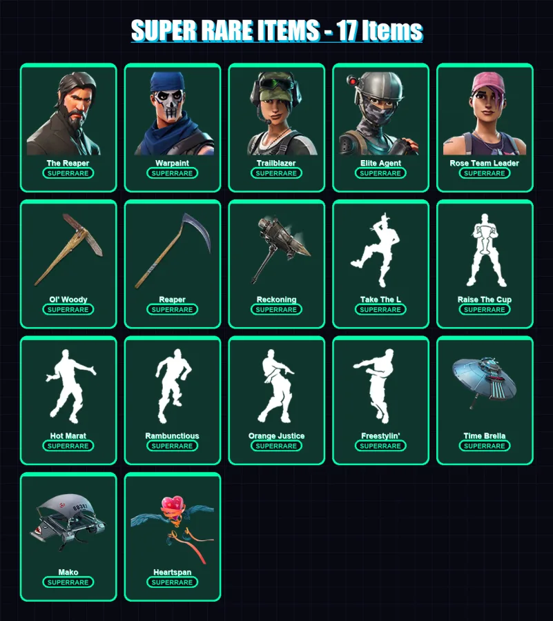 [PC/XBOX/PSN] | The Reaper | Warpaint | Trailblazer | Elite Agent | Rose Team Leader | 73 skin | 91 pickaxe | 92 emote | 99 glider | Lv1358