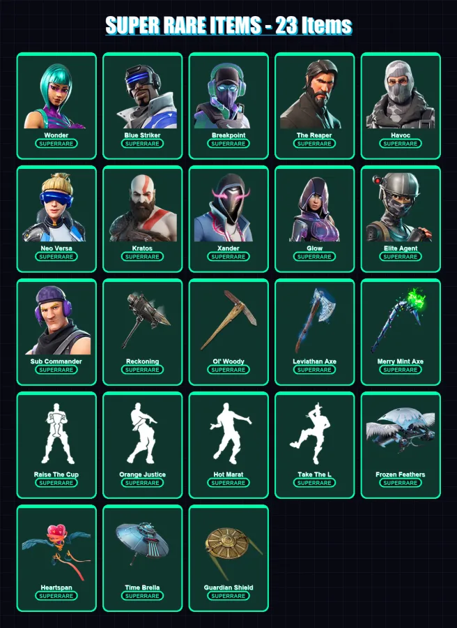 [PC/XBOX/PSN] | Wonder | Blue Striker | Breakpoint | The Reaper | Havoc | 256 skin | 281 pickaxe | 234 emote | 223 glider | Lv3867