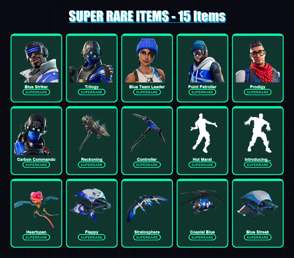 [PC/XBOX] | Blue Striker | Trilogy | Blue Team Leader | Point Patroller | Prodigy | 22 skin | 22 pickaxe | 36 emote | 32 glider | Lv277