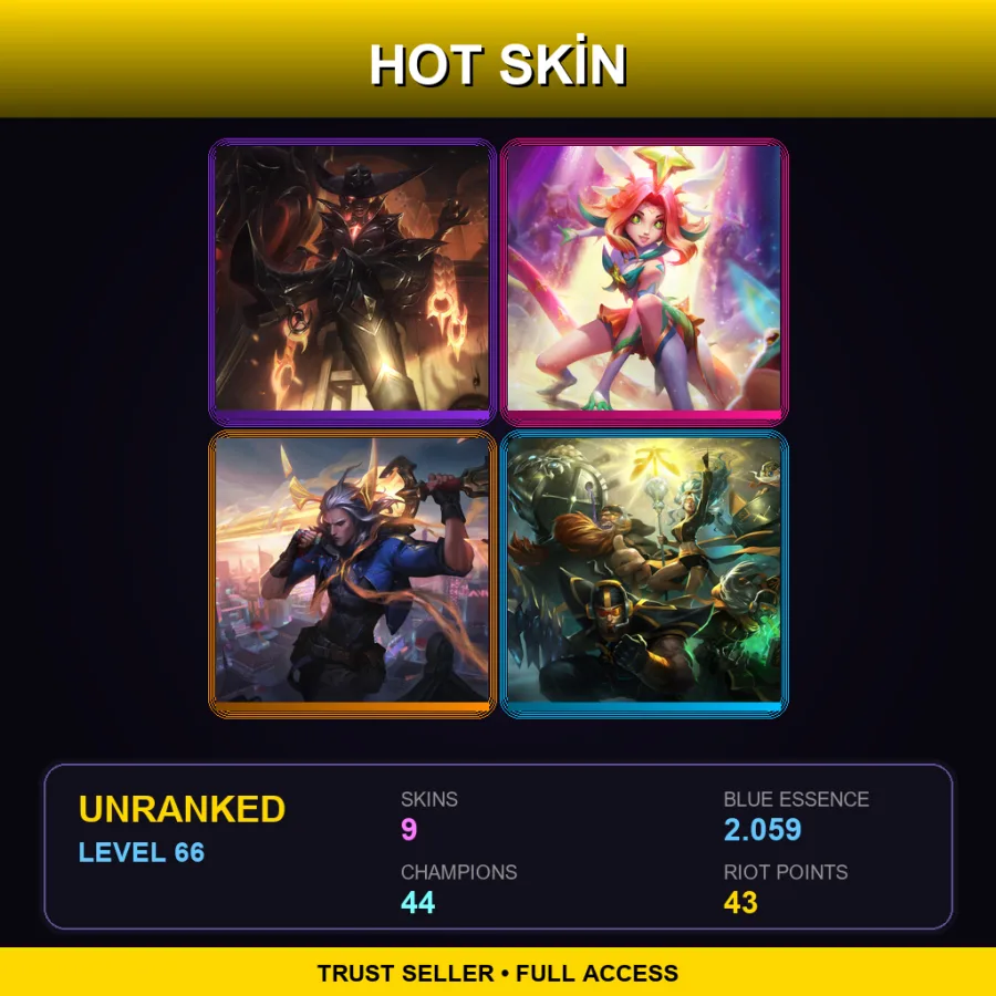 EUW | Lv66 | Unranked | 9 Skin | 44 Champ — LoL account