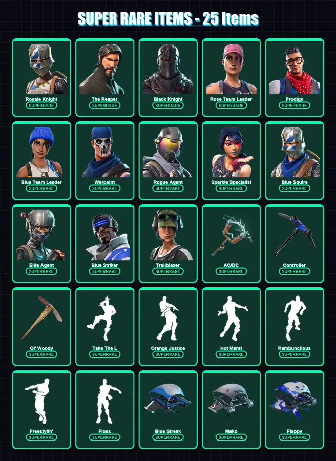[PS4/PS5/XBOX/PC] | Royale Knight | The Reaper | Black Knight | Rose Team Leader | Prodigy | 58 skin | 43 pickaxe | 48 emote | 49 glider | Lv599 — Fortnite account