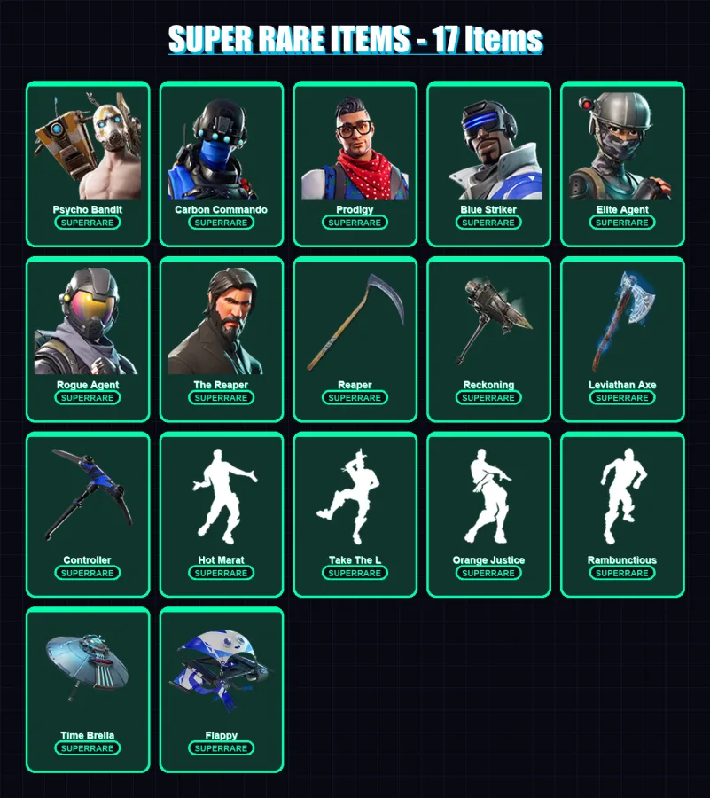 [PC/XBOX] | Psycho Bandit | Carbon Commando | Prodigy | Blue Striker | Elite Agent | 134 skin | 121 pickaxe | 108 emote | 113 glider | Lv1832