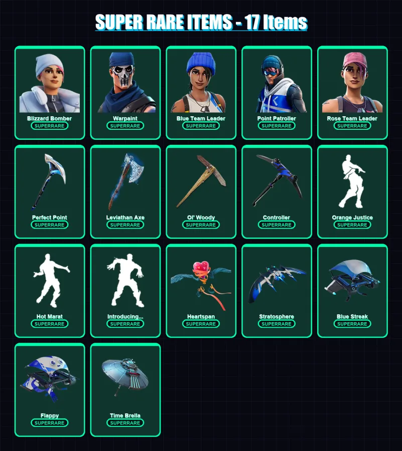 [PC] | Blizzard Bomber | Warpaint | Blue Team Leader | Point Patroller | Rose Team Leader | 206 skin | 239 pickaxe | 207 emote | 189 glider | Lv3554