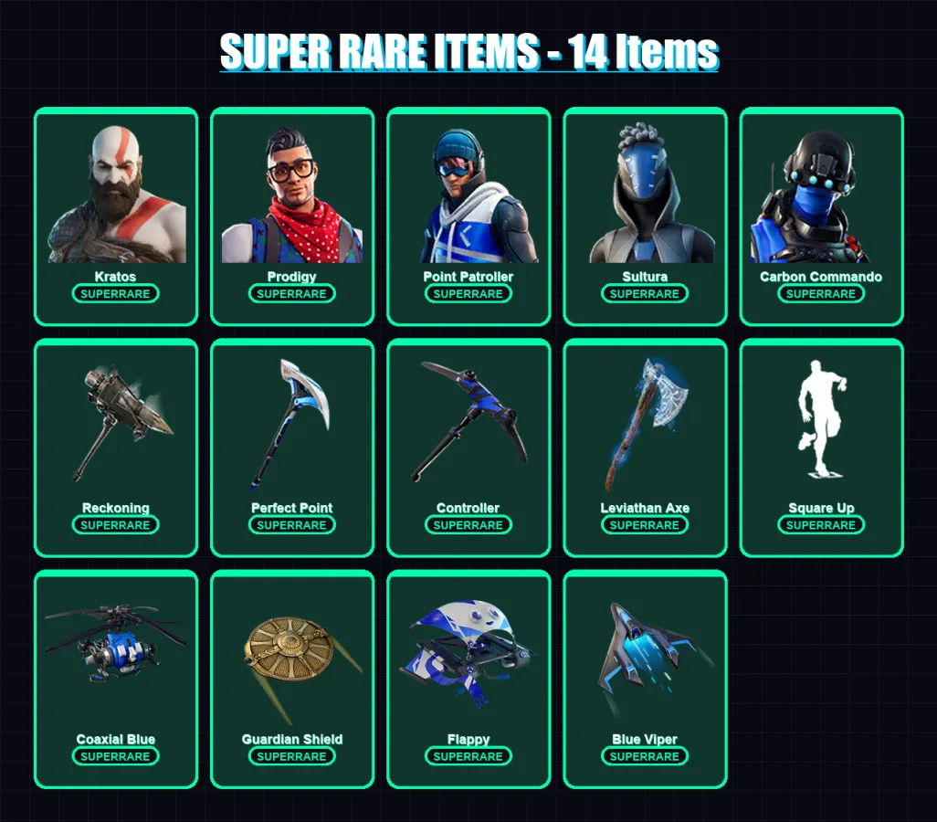 [PS4/PS5/XBOX/PC] | Kratos | Prodigy | Point Patroller | Sultura | Carbon Commando | 176 skin | 162 pickaxe | 129 emote | 117 glider | Lv1407