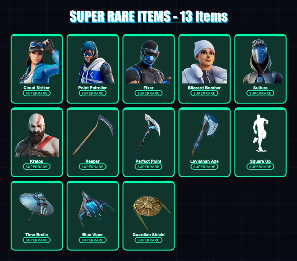 [PS4/PS5/XBOX/PC] | Cloud Striker | Point Patroller | Fixer | Blizzard Bomber | Sultura | 127 skin | 143 pickaxe | 111 emote | 107 glider | Lv1562