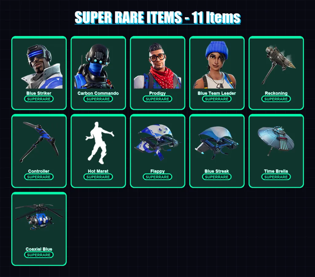 [SWITCH/XBOX/PC] | Blue Striker | Carbon Commando | Prodigy | Blue Team Leader | Enforcer | 35 skin | 62 pickaxe | 41 emote | 52 glider | Lv598