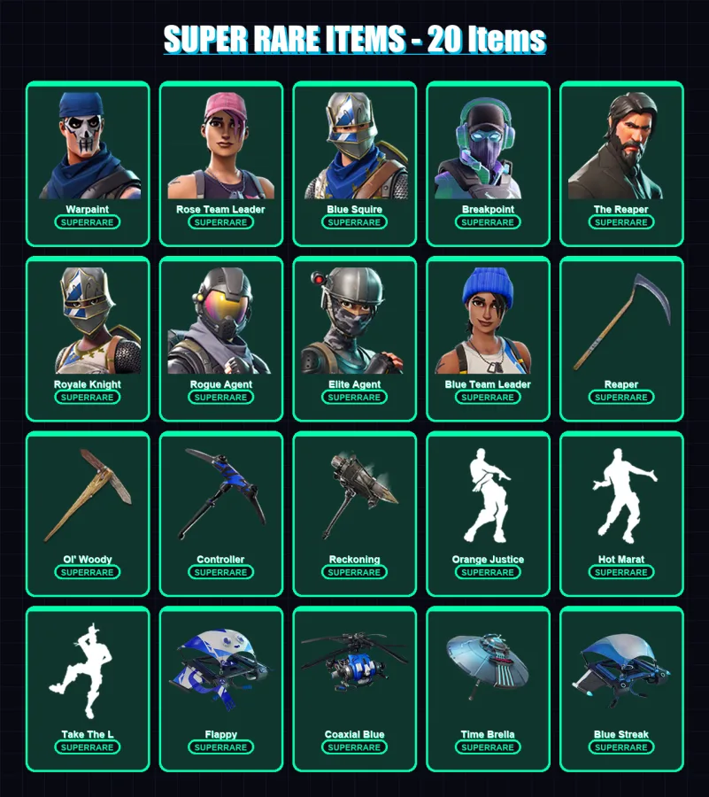 [PS4/PS5/XBOX/PC] | Warpaint | Rose Team Leader | Blue Squire | Breakpoint | The Reaper | 104 skin | 119 pickaxe | 123 emote | 130 glider | Lv1906