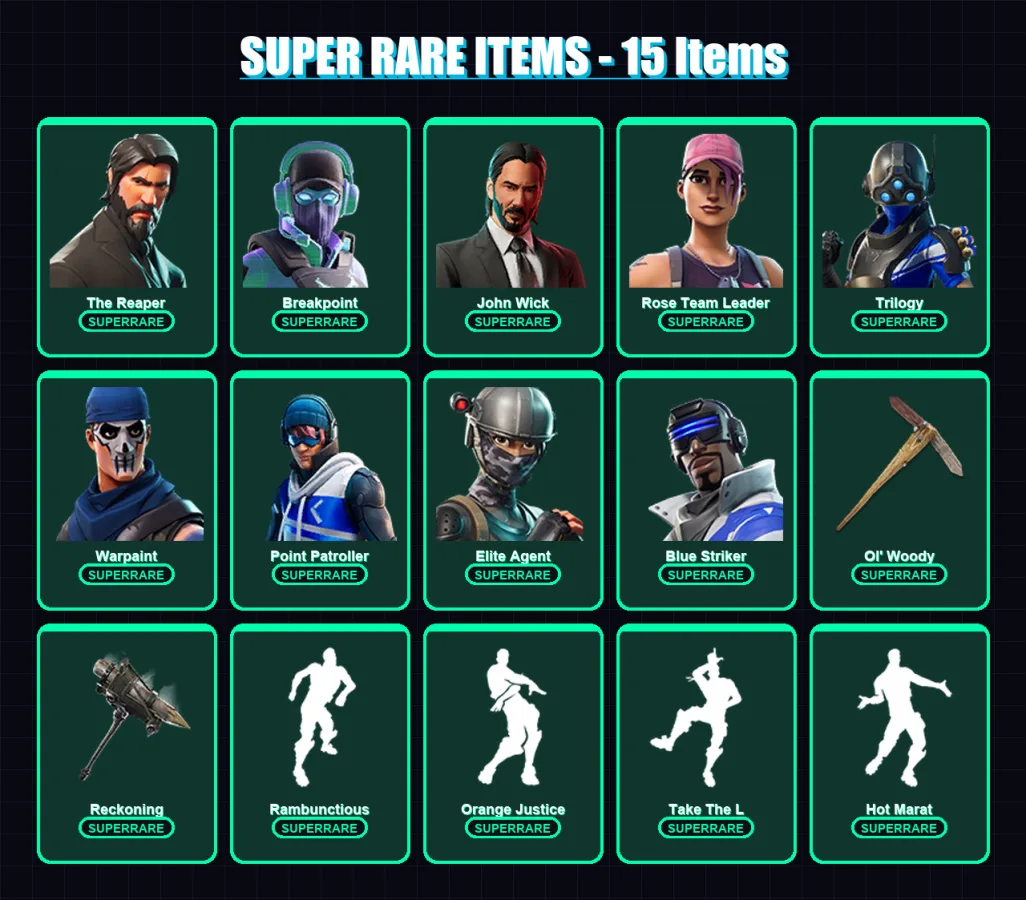 [PC/XBOX] | The Reaper | Breakpoint | John Wick | Rose Team Leader | Trilogy | 126 skin | 105 pickaxe | 143 emote | 99 glider | Lv1218