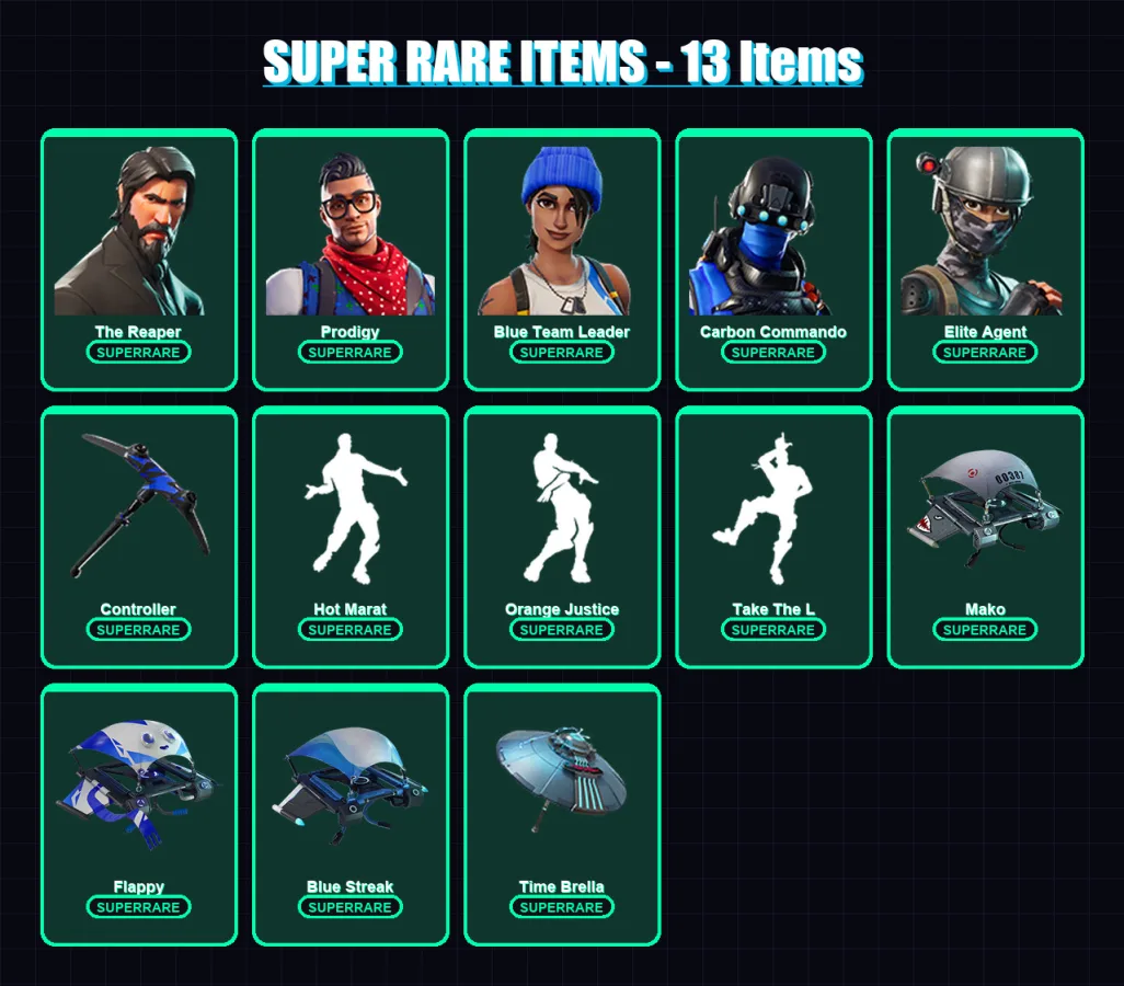 [PC/XBOX] | The Reaper | Prodigy | Blue Team Leader | Carbon Commando | Elite Agent | 51 skin | 40 pickaxe | 58 emote | 52 glider | Lv792