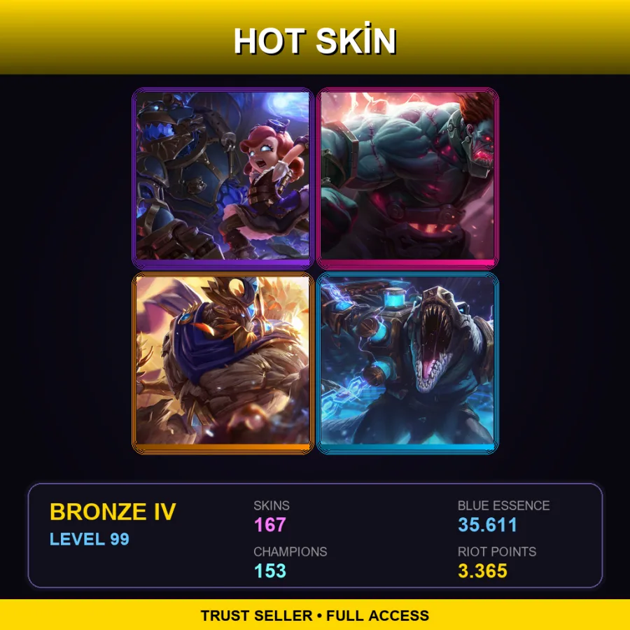 EUW | Lv99 | Bronze IV | 167 Skin | 153 Champ — LoL account