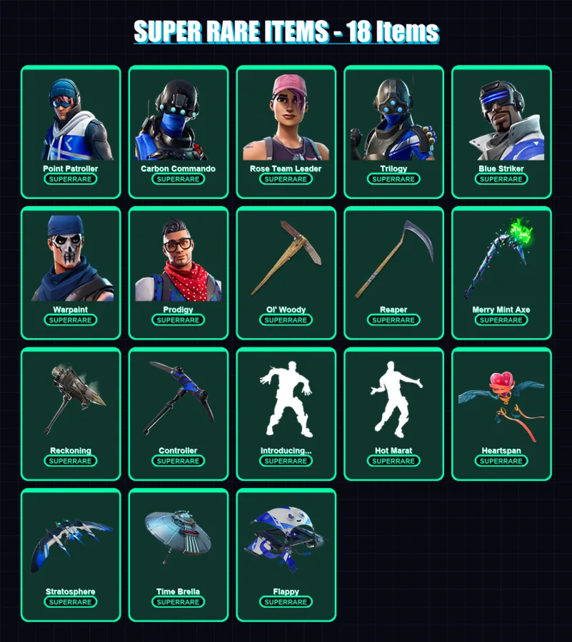 [PC] | Point Patroller | Carbon Commando | Rose Team Leader | Trilogy | Blue Striker | 190 skin | 182 pickaxe | 176 emote | 180 glider | Lv2555