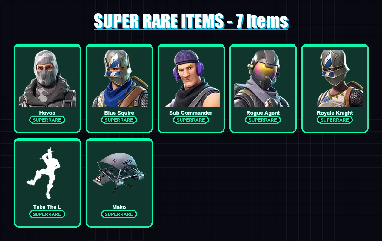[PC/XBOX/PSN] | Havoc | Blue Squire | Sub Commander | Rogue Agent | Royale Knight | 11 skin | 10 pickaxe | 15 emote | 14 glider | Lv169