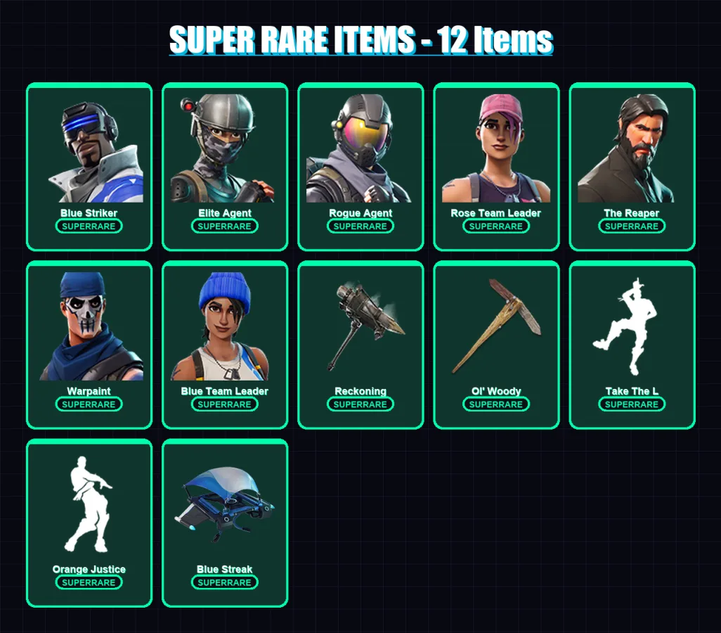 [PS4/PS5/XBOX/PC] | Blue Striker | Elite Agent | Rogue Agent | Rose Team Leader | The Reaper | 31 skin | 32 pickaxe | 49 emote | 43 glider | Lv506