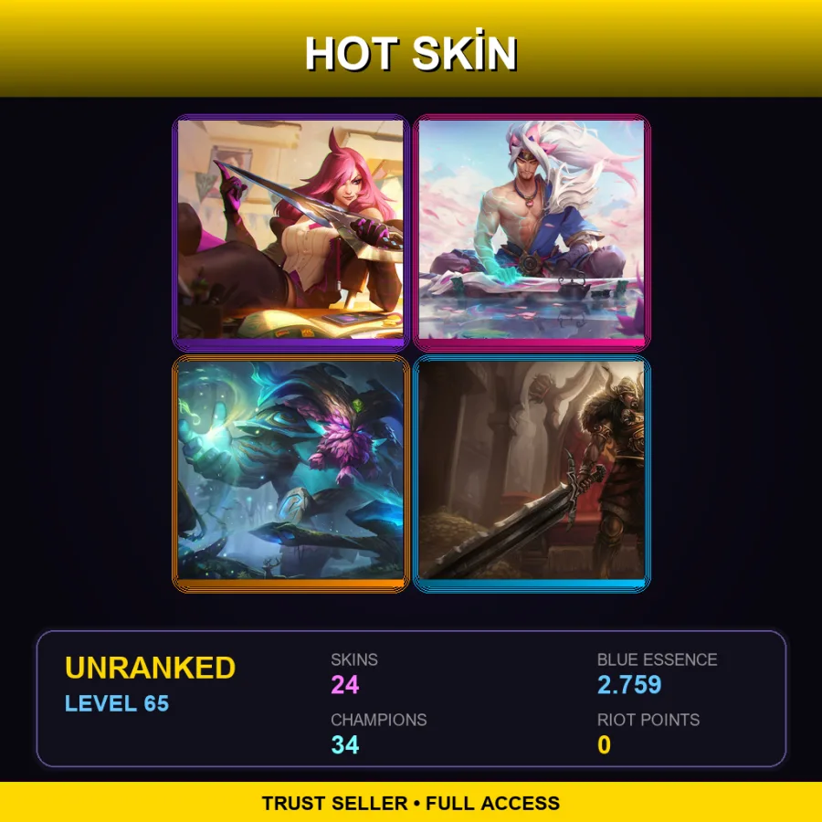 SG | Battle Academia Katarina | Spirit Blossom Yasuo | Elderwood Ornn | Viking Tryndamere | 24 Skin | 34 Champ | Lv65