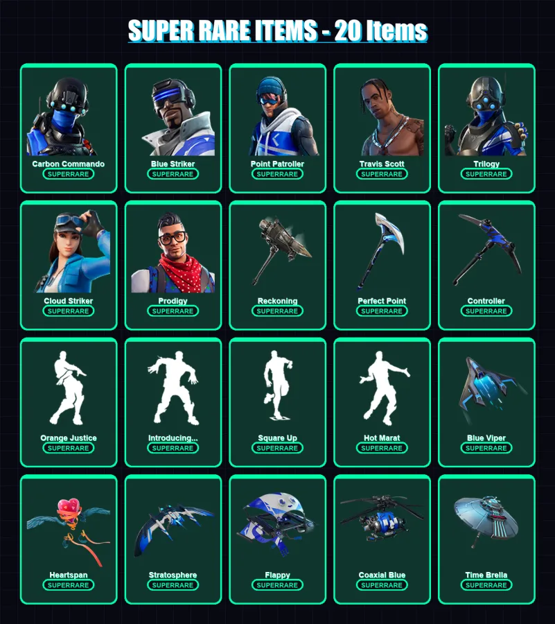[PS4/PS5/XBOX/PC] | Carbon Commando | Blue Striker | Point Patroller | Travis Scott | Trilogy | 87 skin | 88 pickaxe | 86 emote | 104 glider | Lv150 — Fortnite account