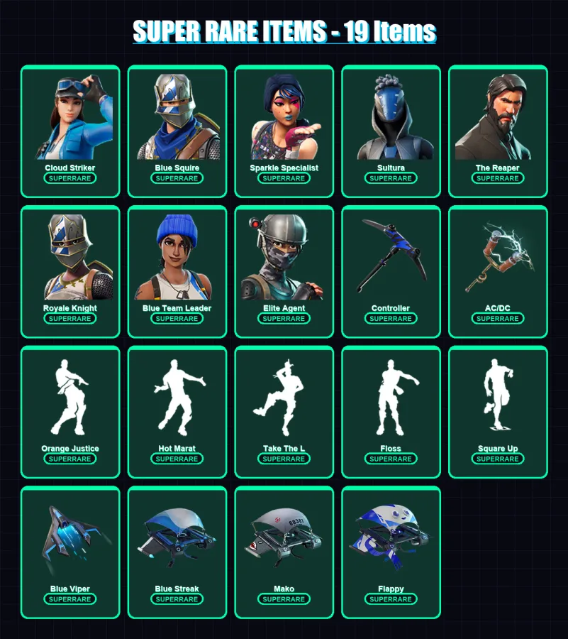 [PS4/PS5/XBOX/PC] | Cloud Striker | Blue Squire | Sparkle Specialist | Sultura | The Reaper | 17 skin | 18 pickaxe | 23 emote | 21 glider | Lv319