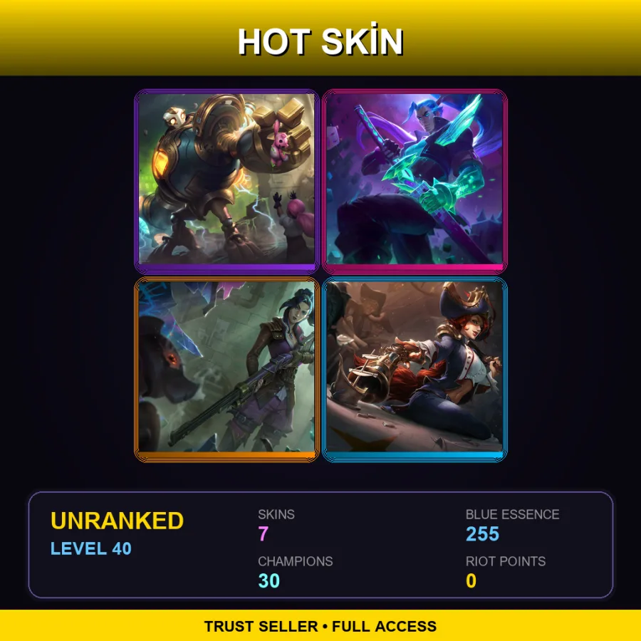LAN | Victorious Blitzcrank | Battle Boss Yasuo | Arcane Enforcer Caitlyn | Waterloo Miss Fortune | 7 Skin | 30 Champ | Lv40