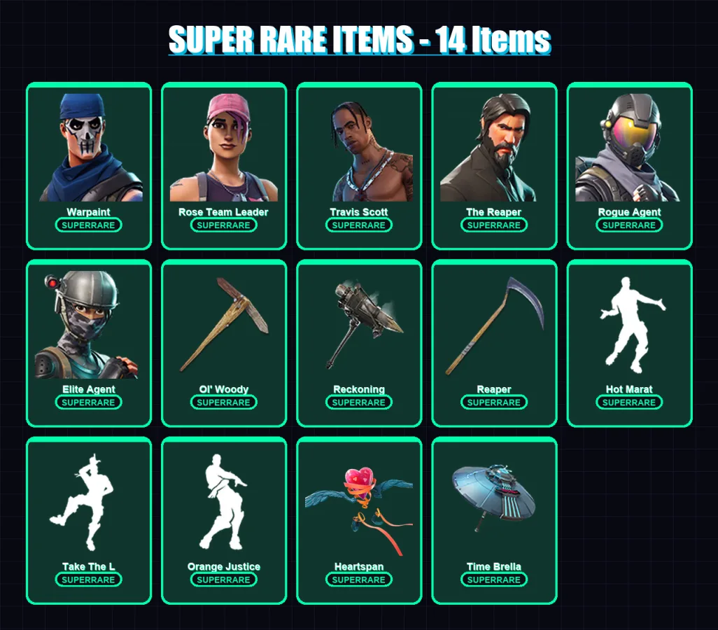 [PC/XBOX] | Warpaint | Rose Team Leader | Travis Scott | The Reaper | Rogue Agent | 151 skin | 157 pickaxe | 140 emote | 157 glider | Lv1905