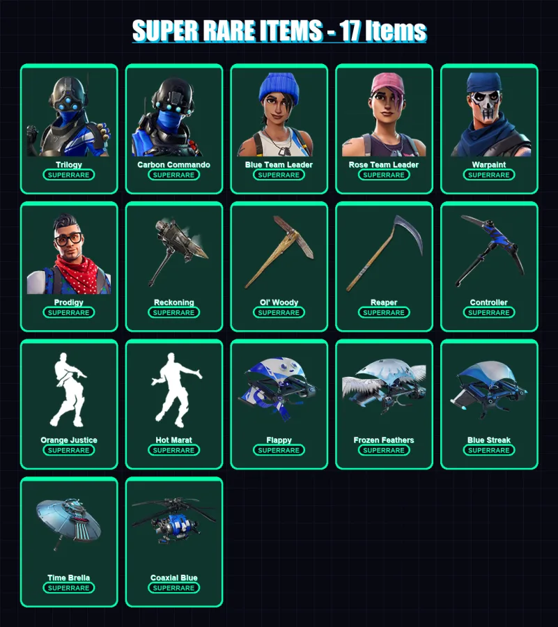 [PC/XBOX/PSN] | Trilogy | Carbon Commando | Blue Team Leader | Rose Team Leader | Warpaint | 104 skin | 88 pickaxe | 92 emote | 87 glider | Lv1379 — Fortnite account