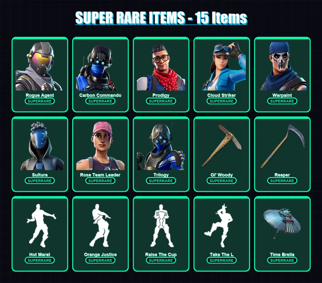 [PS4/PS5/XBOX/PC] | Rogue Agent | Carbon Commando | Prodigy | Cloud Striker | Warpaint | 126 skin | 165 pickaxe | 119 emote | 108 glider | Lv1678