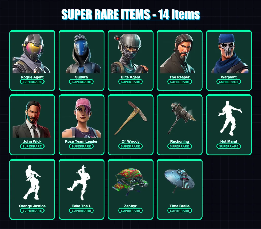 [PS4/PS5/XBOX/PC] | Rogue Agent | Sultura | Elite Agent | The Reaper | Warpaint | 111 skin | 121 pickaxe | 131 emote | 109 glider | Lv1423
